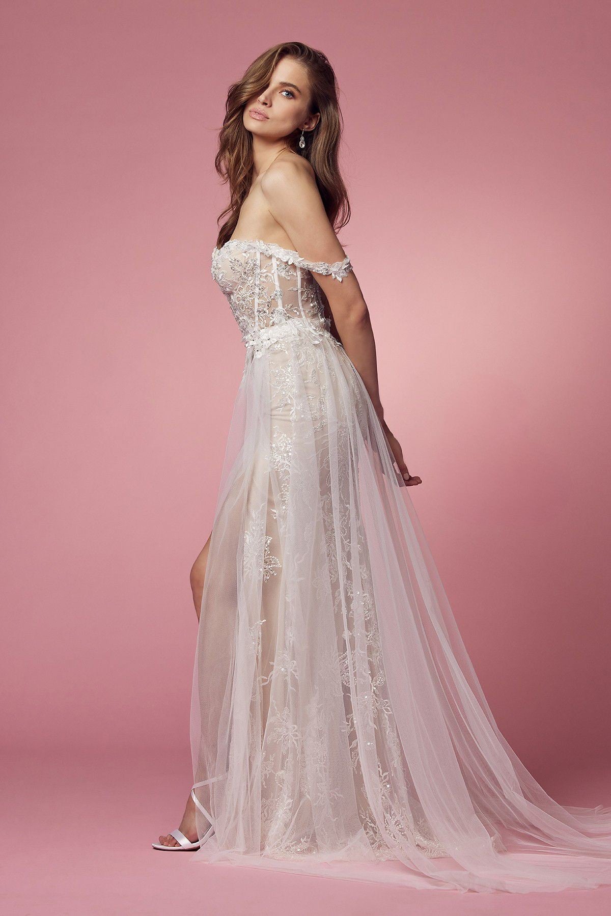Off Shoulder Side Slit Boho Inspired Tulle A-Line Long Wedding Dress NXE441-Wedding Dress-smcfashion.com