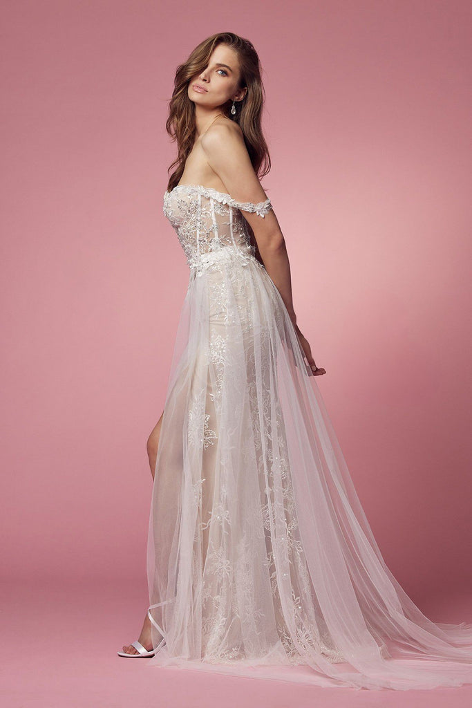 Off Shoulder Side Slit Boho Inspired Tulle A-Line Long Wedding Dress NXE441