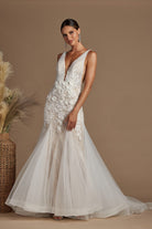 Embroidered Lace Tulle Skirt Open V-Back Long Wedding Dress NXJE917-Wedding Dress-smcfashion.com