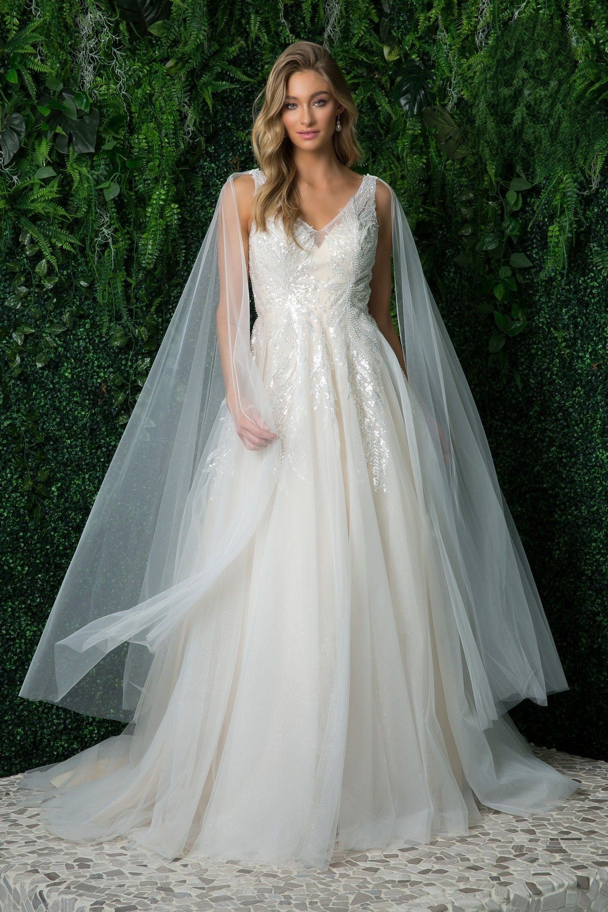 Sequin and Bead Embellished V-Neck Cape Sleeves Tulle Overlay Long Wedding Dress NXJE947-Wedding Dress-smcfashion.com