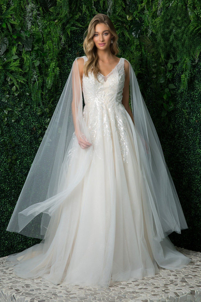 Sequin and Bead Embellished V-Neck Cape Sleeves Tulle Overlay Long Wedding Dress  NXJE947