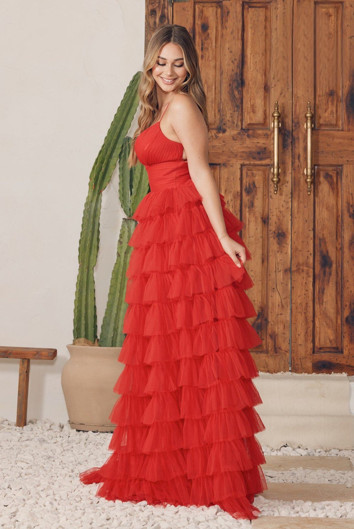 Elegant Tulle Ruffled Layers V-Neck Spaghetti Straps Long Prom Dress NXR1240-Prom Dress-smcfashion.com