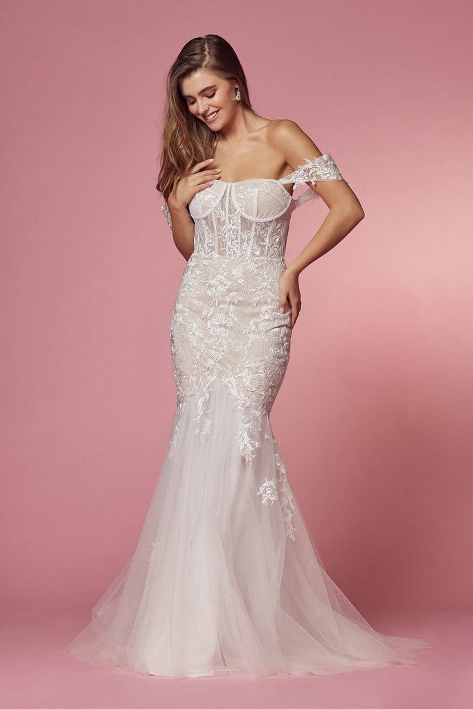Sweetheart Off Shoulder Tulle Skirt Mermaid Long Wedding Dress NXJS924