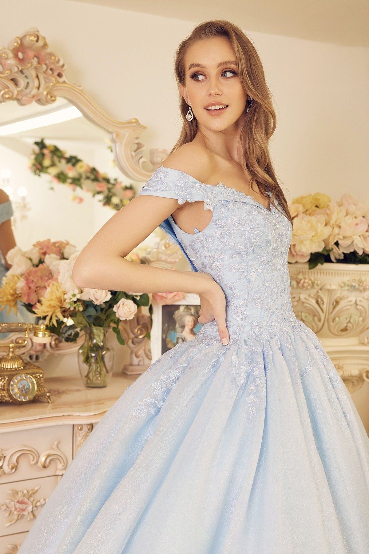 Off-the-Shoulder Lace Applique Court Train Long Ball Dress NXCU1193-Ball Dress-smcfashion.com