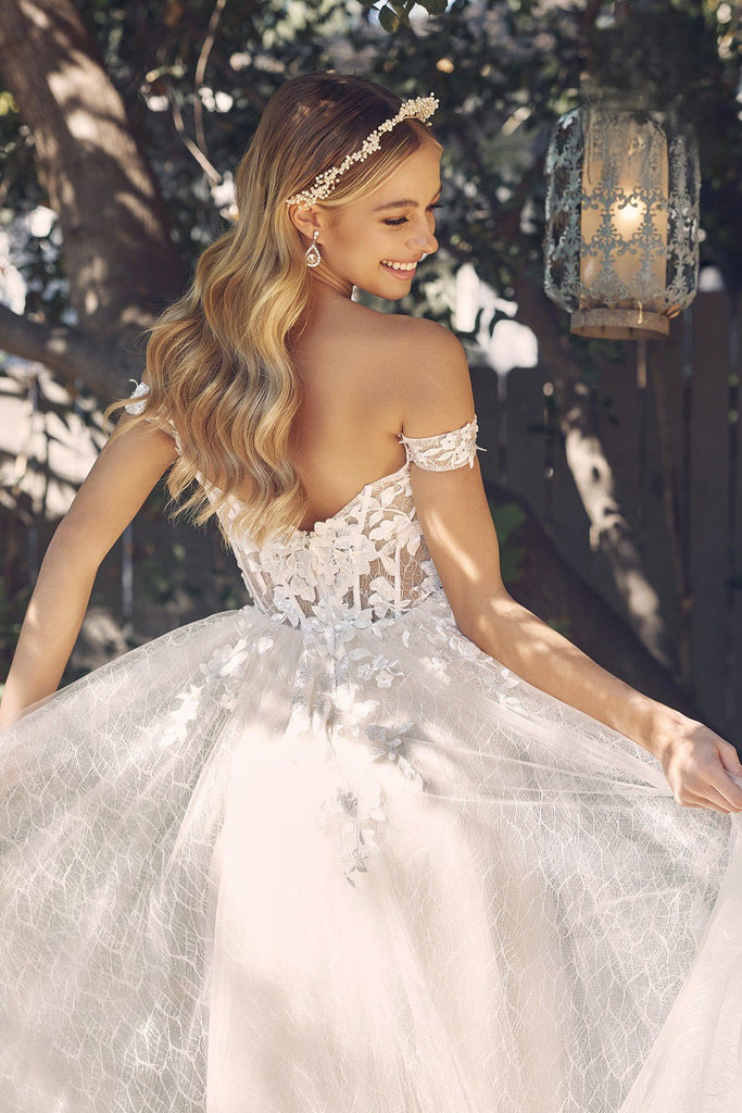 Tulle Off-Shoulder with Floral Bodice Open Back Long Wedding Dress NXC1199W