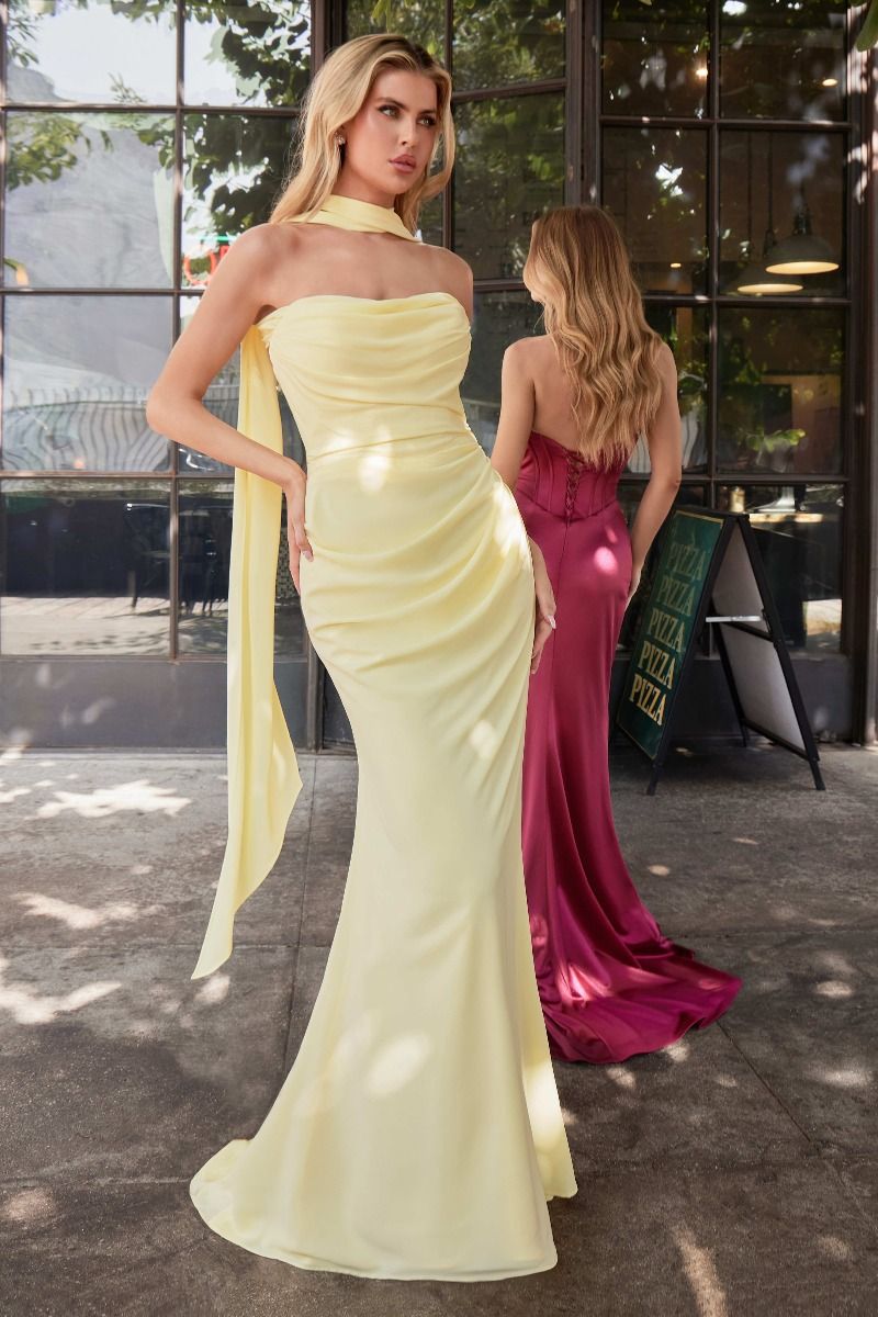 Elegant Bridesmaid Strapless Gown w/ Draped Neckline & Convertible Tie –