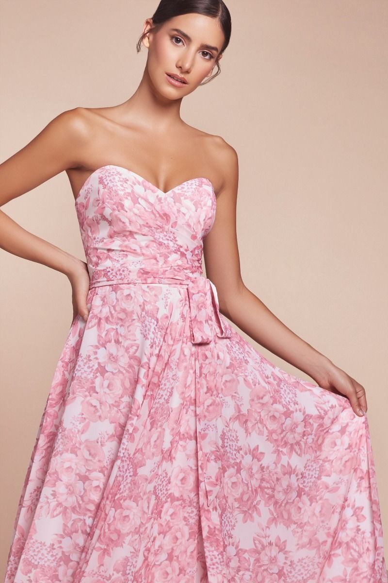 Romantic Pink Floral Strapless A-Line Gown with Sweetheart Neckline CD7443