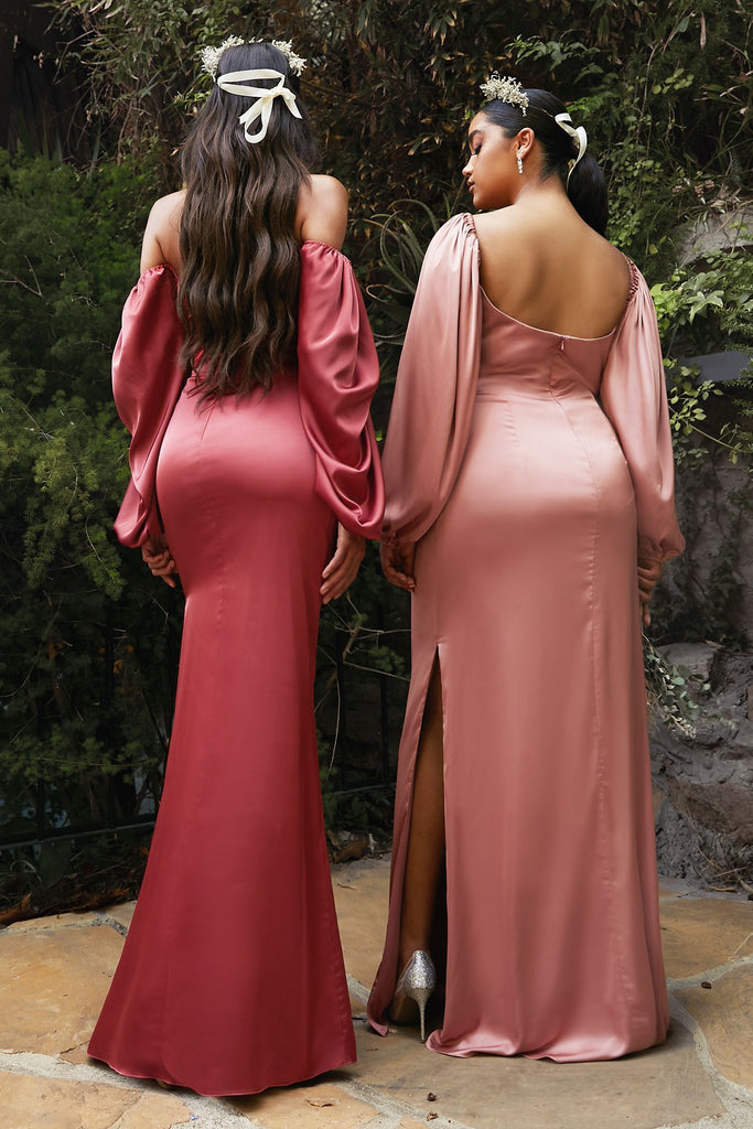 Soft Satin Prom & Bridesmaid Gown Long Sleeves Off Shoulder Bodice Relaxed Fit Skirt with Side Leg Slit Plus Size Curve CD7482C Sale
