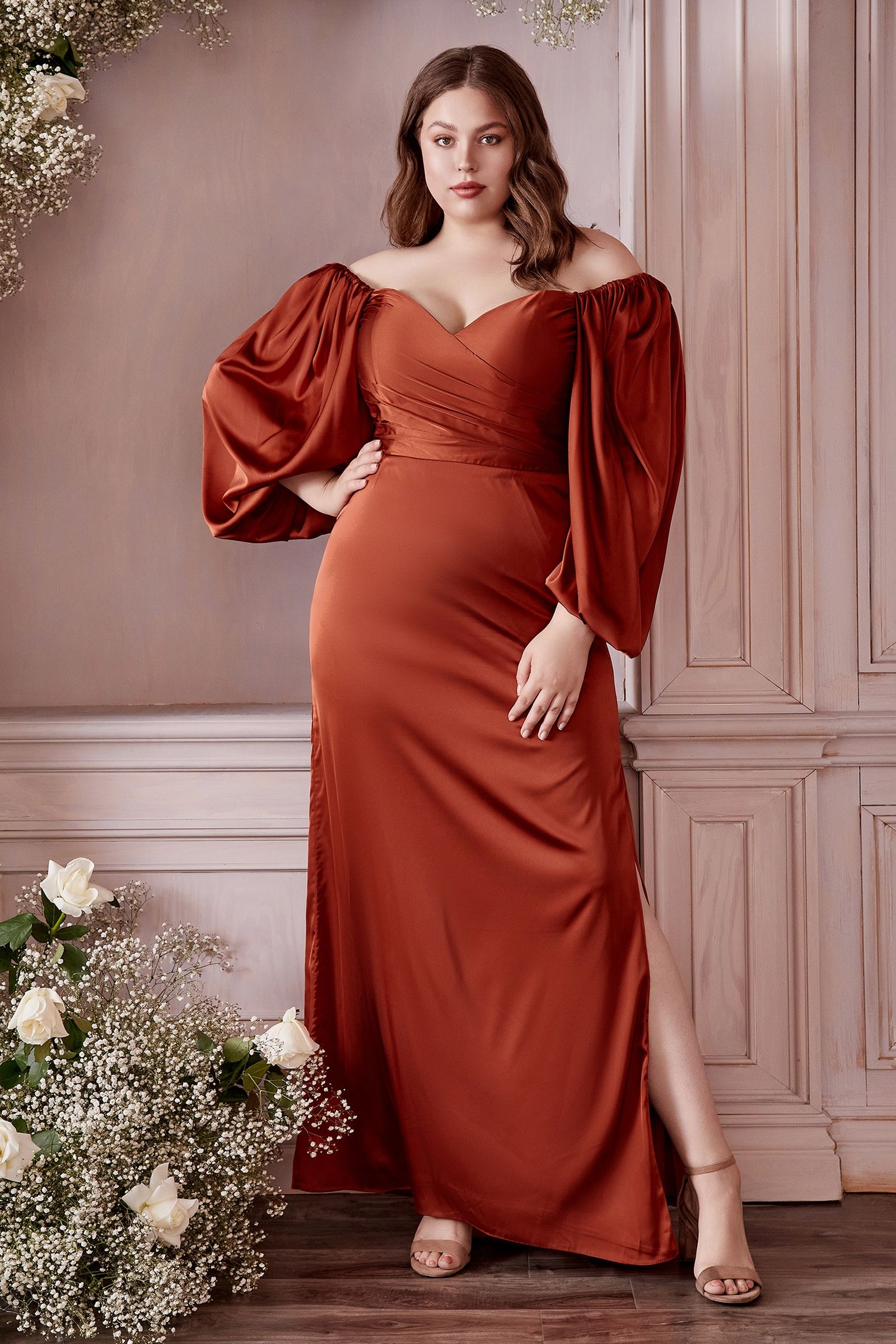 Off-Shoulder Satin Gown with Draped Sleeves Plus & Standard Size For smcfashion.com Off-Shoulder Satin Gown with Draped Sleeves Plus & Standard Size For smcfashion.com