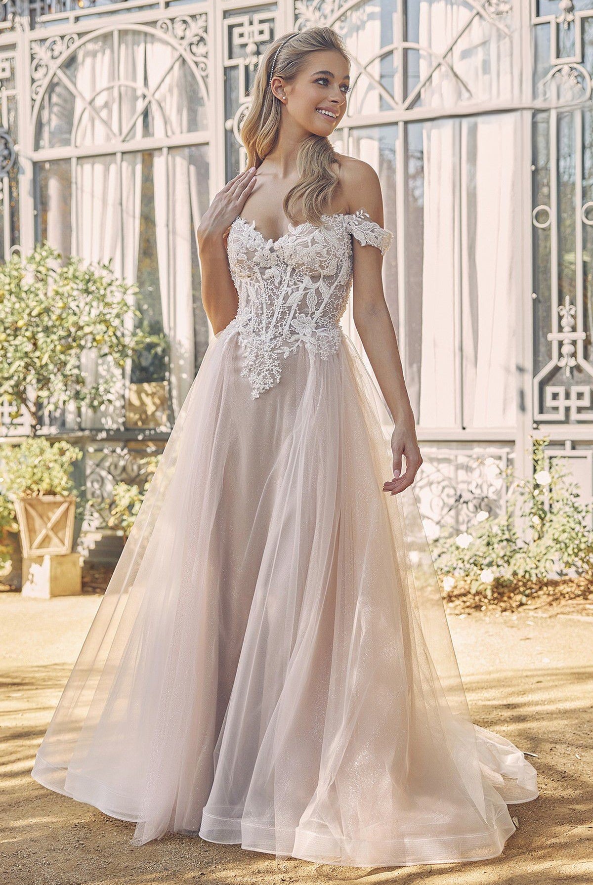 Glitter Tulle Off-Shoulder Floral Applique Long Wedding Dress NXC1107W-Wedding Dress-smcfashion.com