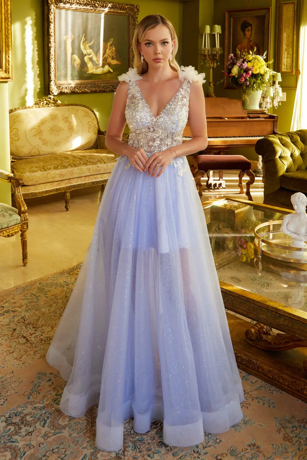 3 d flower sheer bodice v back mesh a line long dress GLGL3393 –