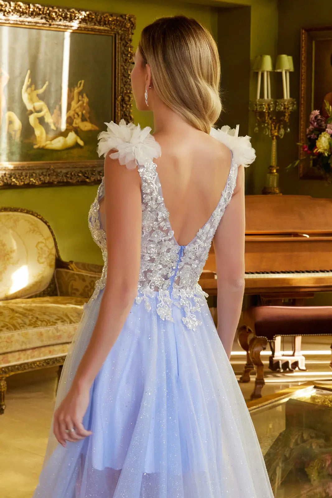 3 d flower sheer bodice v back mesh a line long dress GLGL3393 –