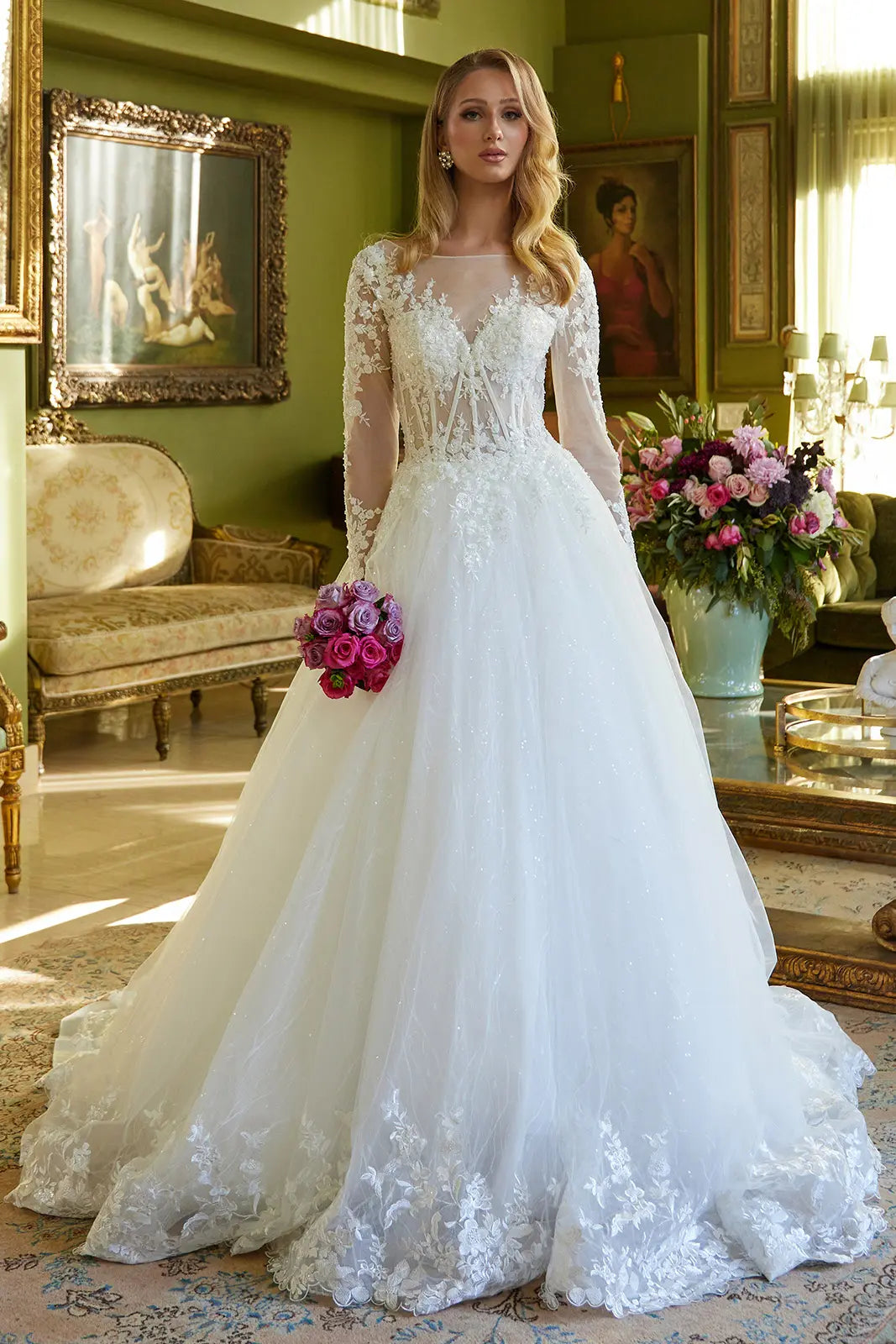 mesh long sleeve wedding dress Stunning Long Sheer Sleeve Sheath Wedding Dress HAREM's Brides