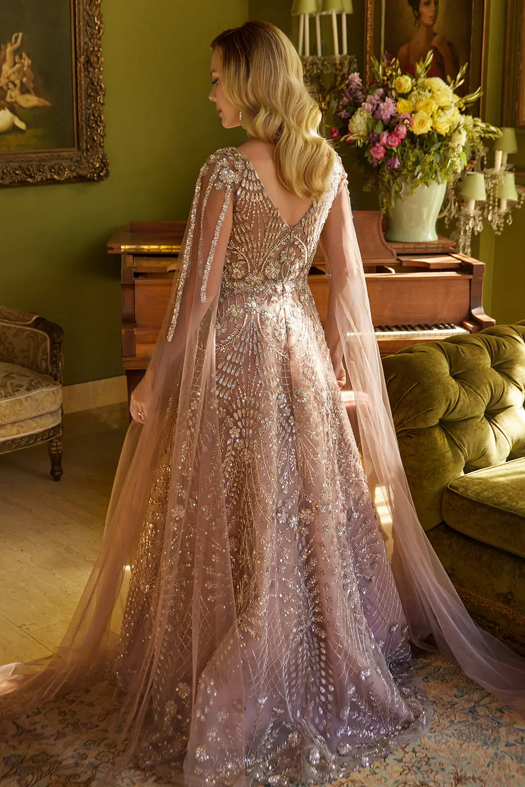 Shimmering beads and sequin embellished v neck a line gown with cape mesh sleeve GLGL3607 –