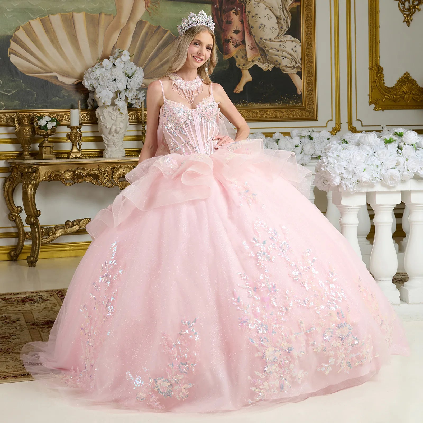 Layered ruffle waist cascading back ball gown w matching
