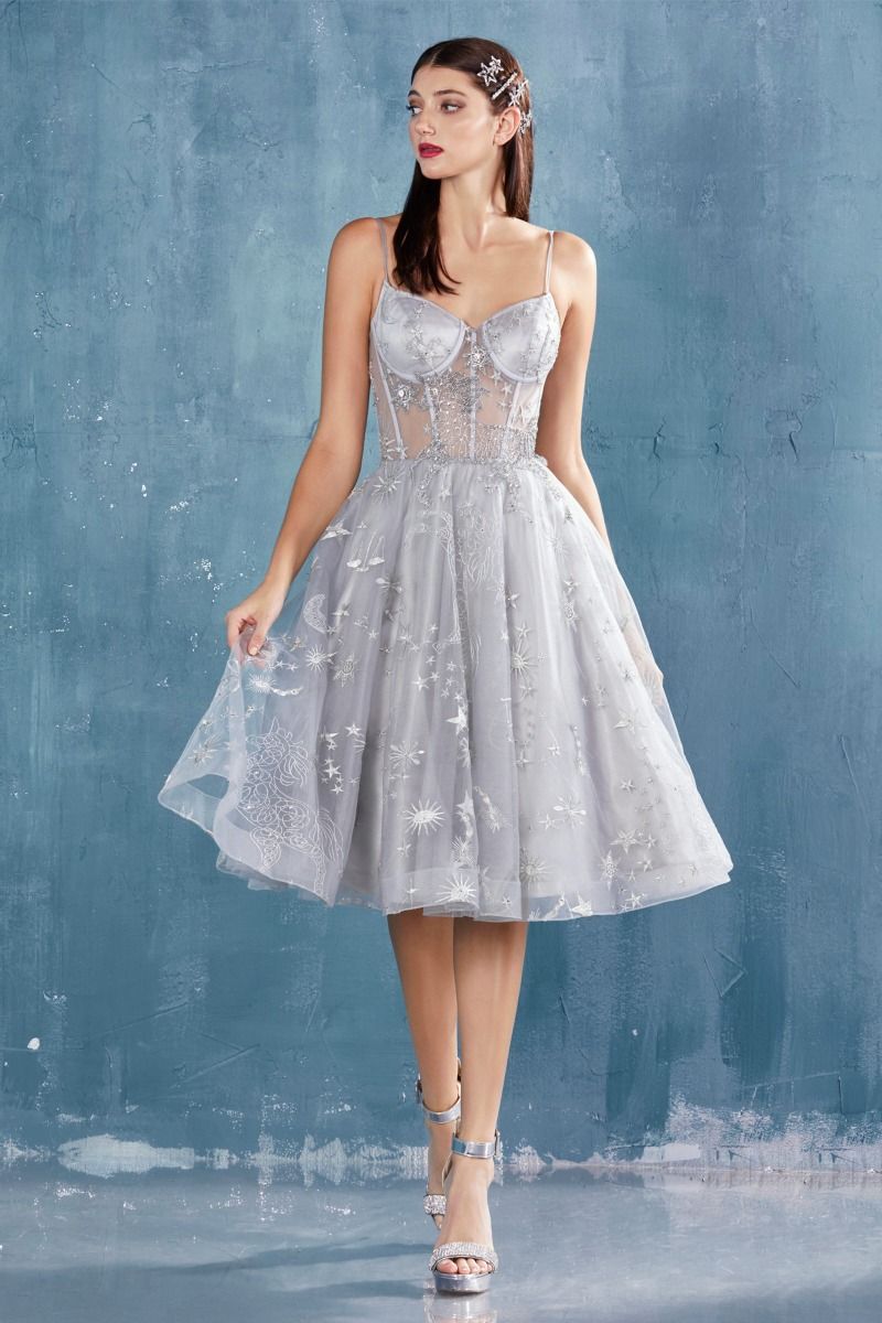 Constellation Corset Tulle A Line Sheer Bodice Midi Cocktail Dress CDA0823