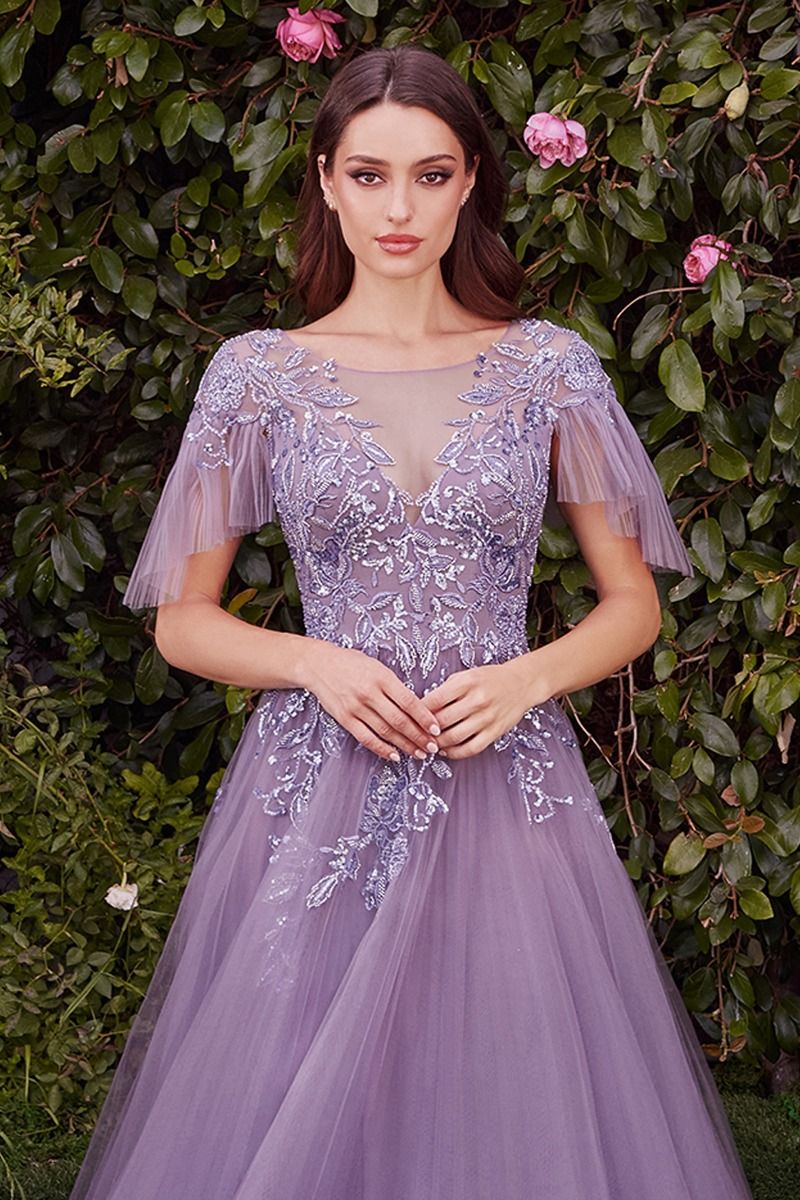 Lavender Embroidered A-Line Gown with Flutter Sleeves CDA1351