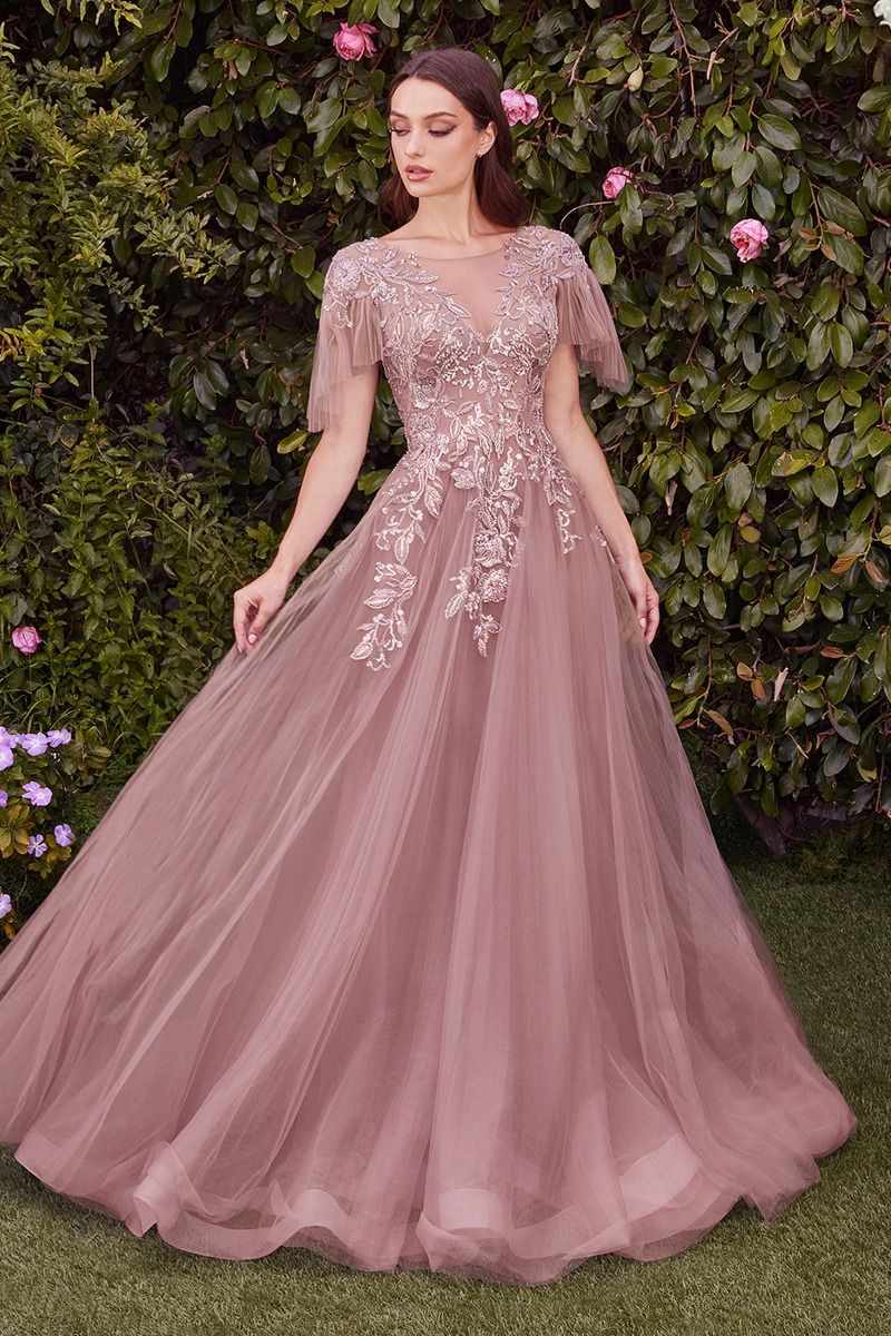 mauve a line dress GL3005 | Jewel V-neck Open Back Chiffon A-line Dress