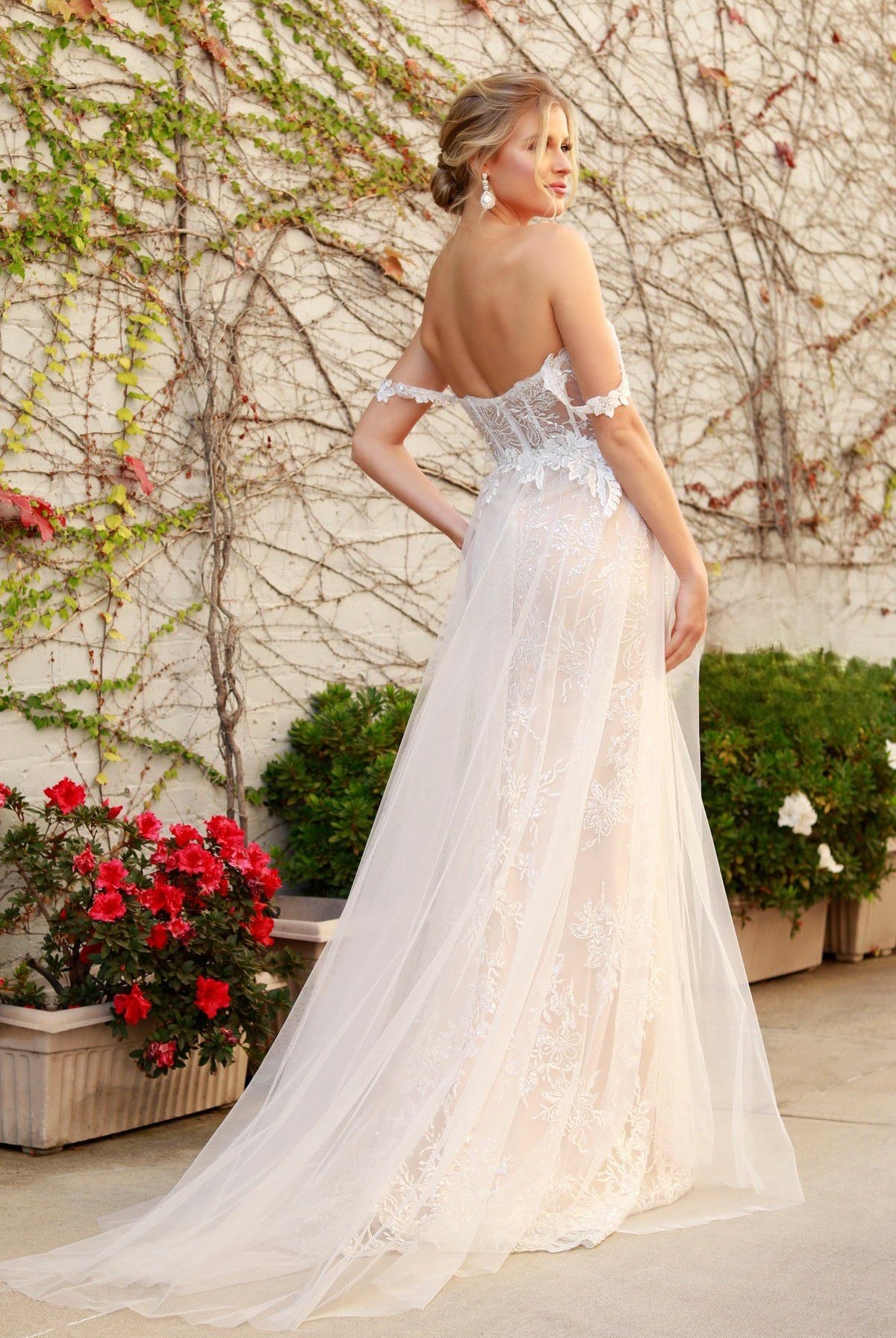 Off Shoulder Side Slit Boho Inspired Tulle A-Line Long Wedding Dress NXE441-Wedding Dress-smcfashion.com