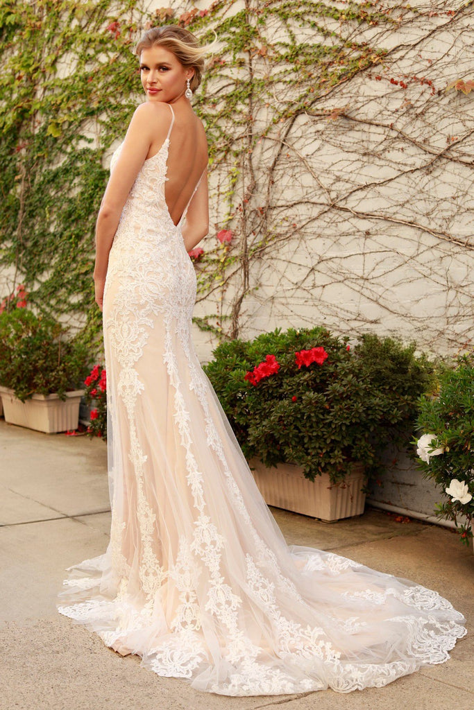Laced Embellished Mermaid Open Back Long Wedding Dress NXH494