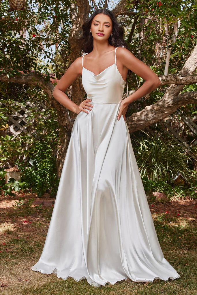 Ravishing Cowl Mid Open Back Bodice Sensual Elegant A line Satin Prom & Bridesmaid gown Formal Sensual Dresses Sexy Leg Slit CDBD104W