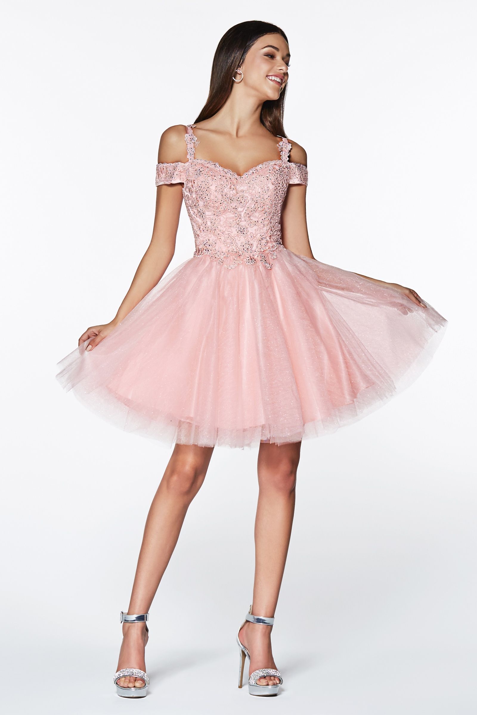 Off Shoulder Mini Prom Dress Laced Floral Bodice Cocktail Gown Effortlessly Pretty Shimmer Skirt CDCD0132