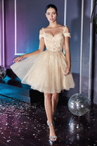 Off Shoulder Mini Prom Dress Laced Floral Bodice Cocktail Gown Effortlessly Pretty Shimmer Skirt CDCD0132 Sale-Homecoming Dress-smcfashion.com