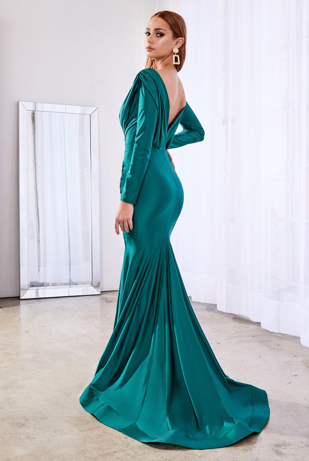 Fitted Stretch Jersey Ball Gown Wrapped Bodice with Deep V- Neckline Classic Sophisticated Silhouette Modest Long Sleeves CDCD0168 Sale-Mother Of The Bride Dress-smcfashion.com