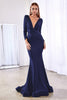 Fitted Stretch Jersey Ball Gown Wrapped Bodice with Deep V- Neckline Classic Sophisticated Silhouette Modest Long Sleeves CDCD0168 Sale