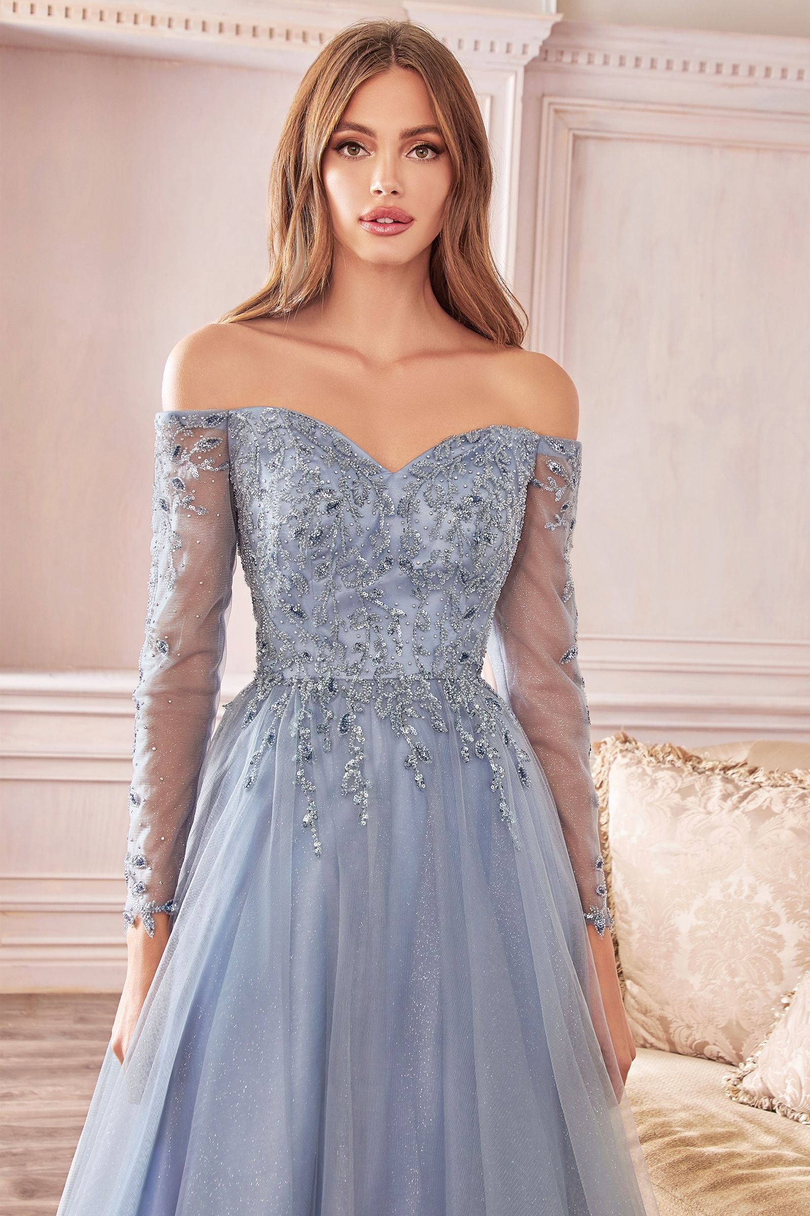 Blue Lace Open Back See Through Long Sleeve Evening Dress, Prom Dresses,  MP141