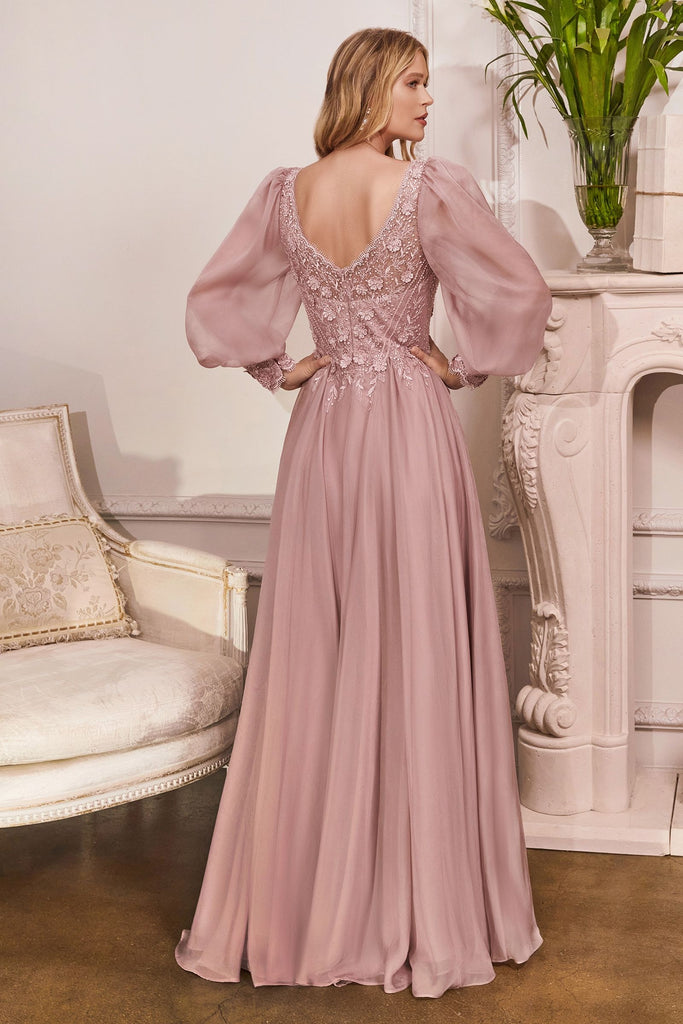 Elegant Long Puff Sleeves A-Line Chiffon Embellished V-Neck Bodice Sensual Open Back Evening & Prom Gown CDCD0183 Sale