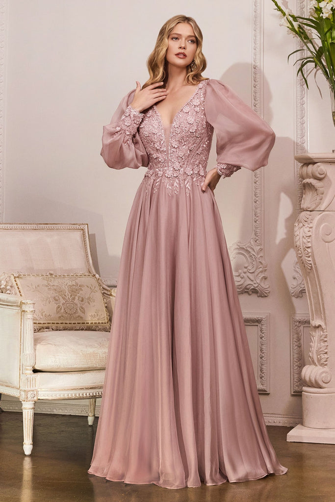 Elegant Long Puff Sleeves A-Line Chiffon Embellished V-Neck Bodice Sensual Open Back Evening & Prom Gown CDCD0183 Sale