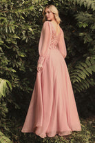 Elegant Long Puff Sleeves A-Line Chiffon Evening & Prom Gown Embellished V-Neck Bodice Sensual Open Back CDCD0183