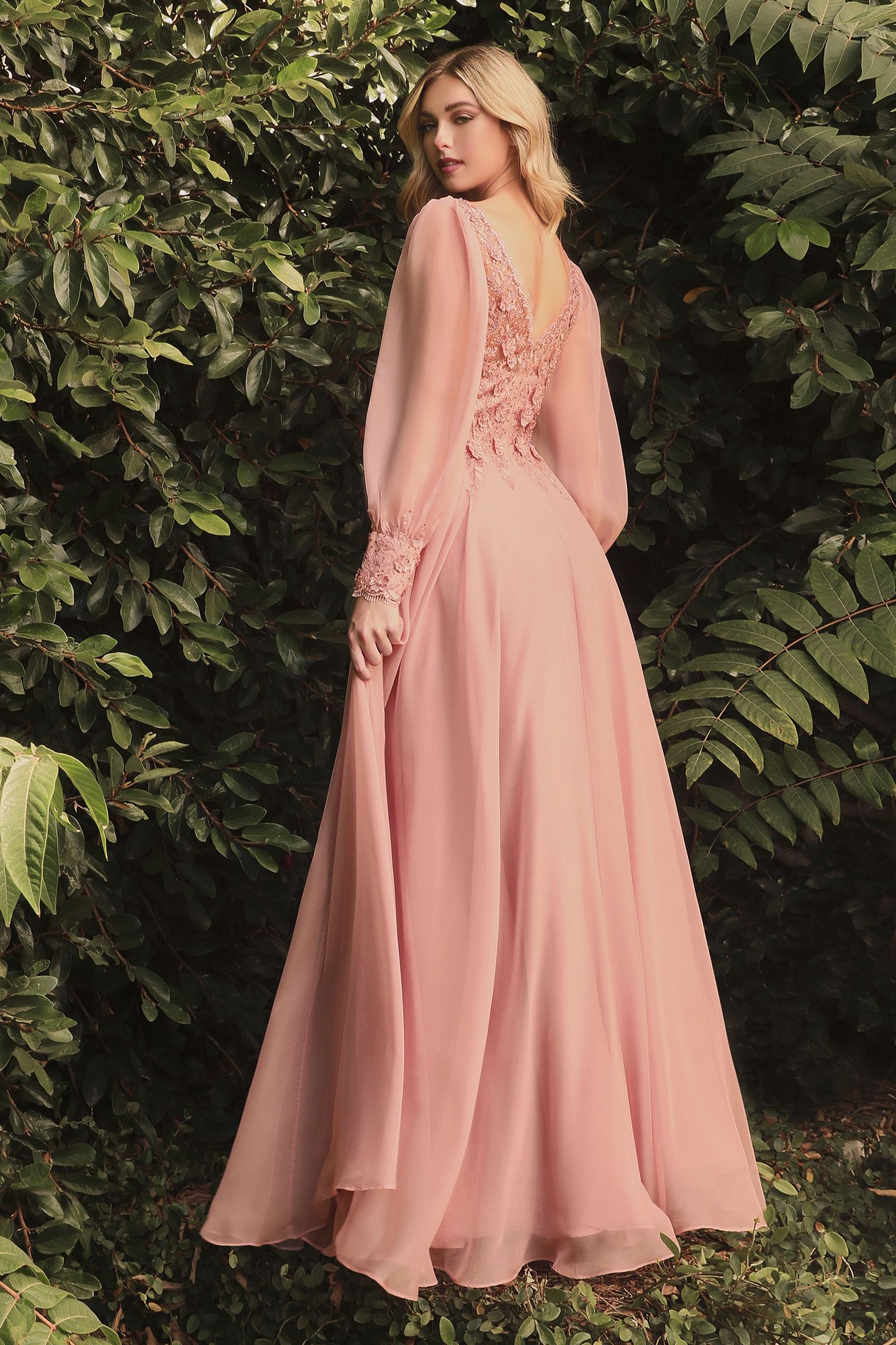 Elegant Long Puff Sleeves A-Line Chiffon Evening & Prom Gown Embellished V-Neck Bodice Sensual Open Back CDCD0183