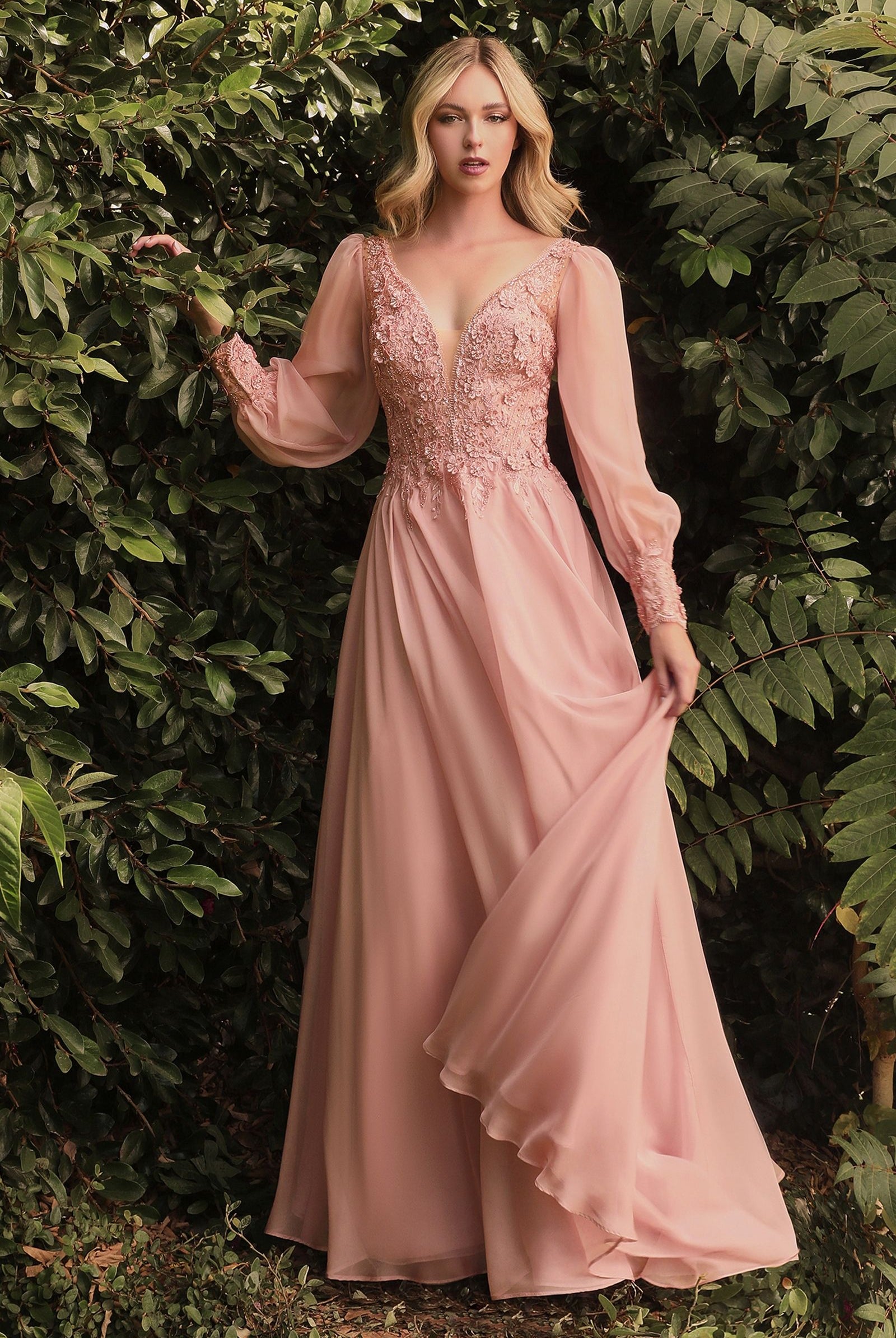 Elegant Long Puff Sleeves A-Line Chiffon Embellished V-Neck Bodice Sensual Open Back Evening & Prom Gown CDCD0183 Sale-Mother of the Bride Dress-smcfashion.com