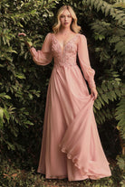 Elegant Long Puff Sleeves A-Line Chiffon Embellished V-Neck Bodice Sensual Open Back Evening & Prom Gown CDCD0183 Sale-Mother of the Bride Dress-smcfashion.com