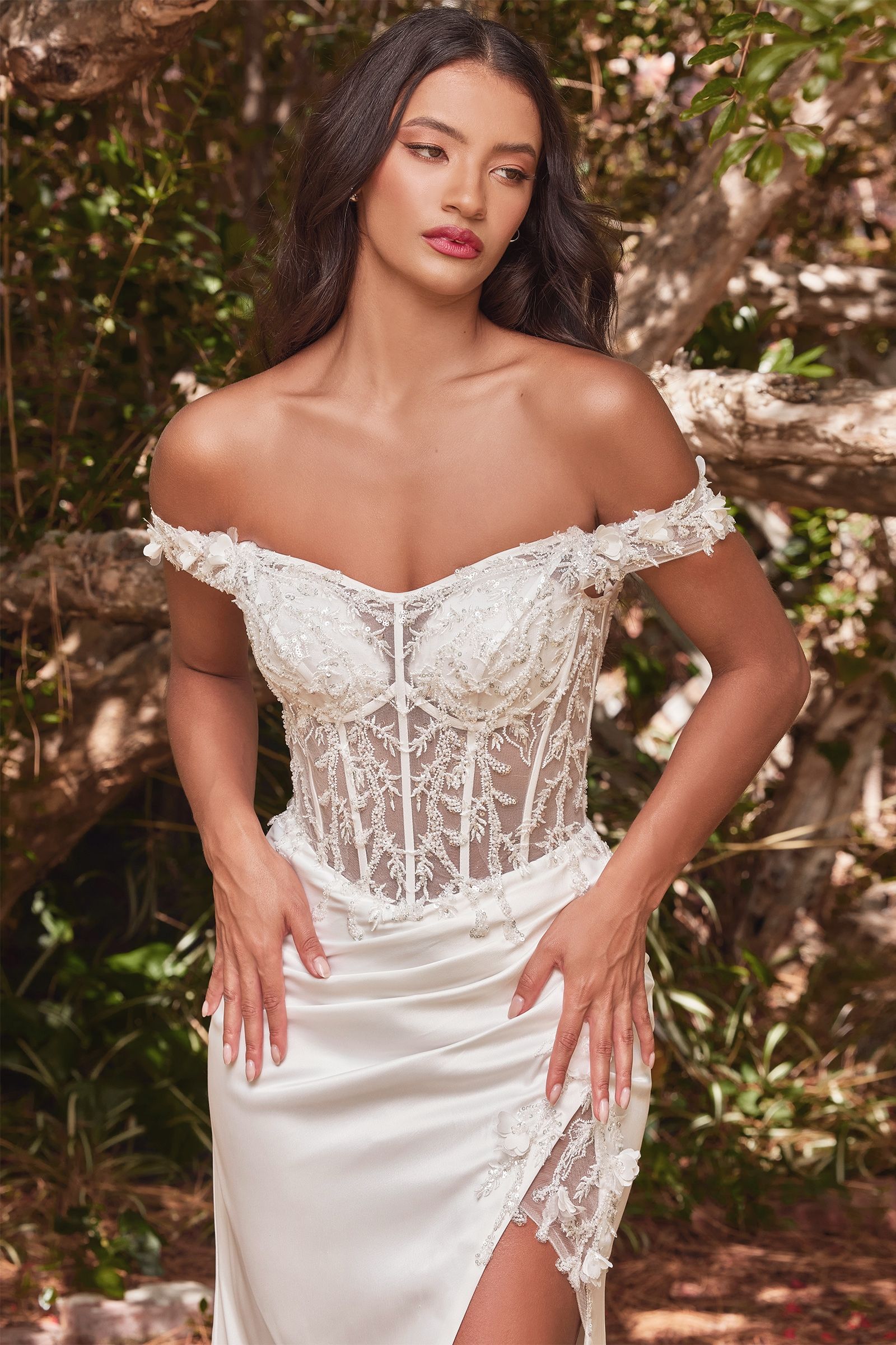 White Off-Shoulder Lace Corset Gown with High Slit –... –