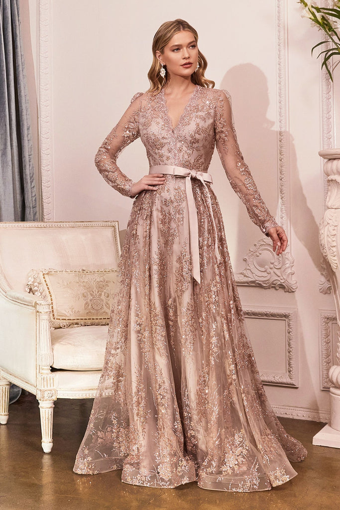 Long Sleeve V-neck Embellished Modest Bodice Glitter Sequin A-line Long Mother of Bride & Bridesmaid Dress Luxury Retro Gown CDCD233