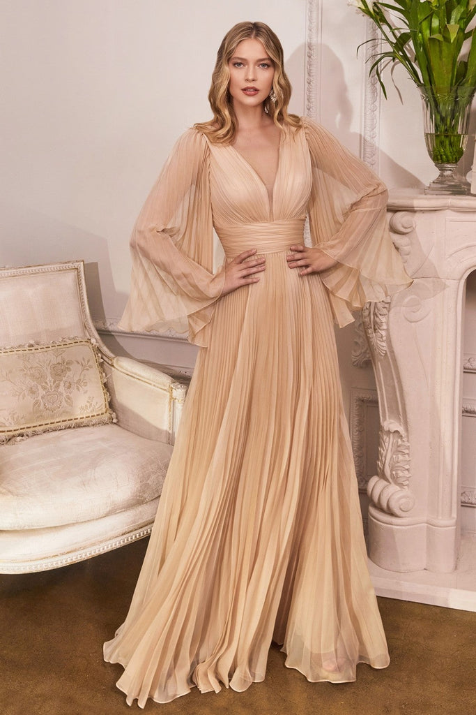 Pleated Chiffon Prom & Ball Gown Deep v-neckline Bodice with Open Back and Covered Shoulders Fairy Mother of the Bride Dress CDCD242 Sale