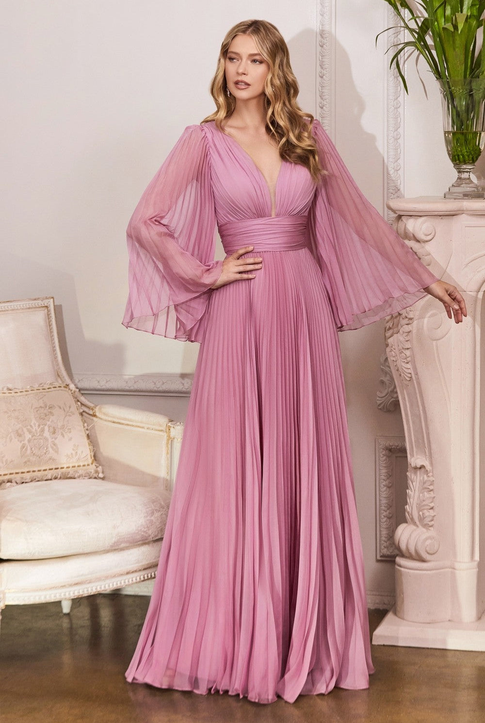 Pleated Chiffon Prom & Ball Gown Deep v-neckline Bodice with Open Back and Covered Shoulders Fairy Mother of the Bride Dress CDCD242 Sale-Bridesmaid Dress-smcfashion.com