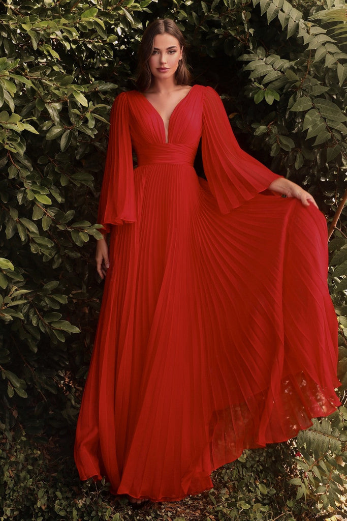 Pleated Chiffon Prom & Ball Gown Deep v-neckline Bodice with Open Back and Covered Shoulders Fairy Mother of the Bride Dress CDCD242 Sale