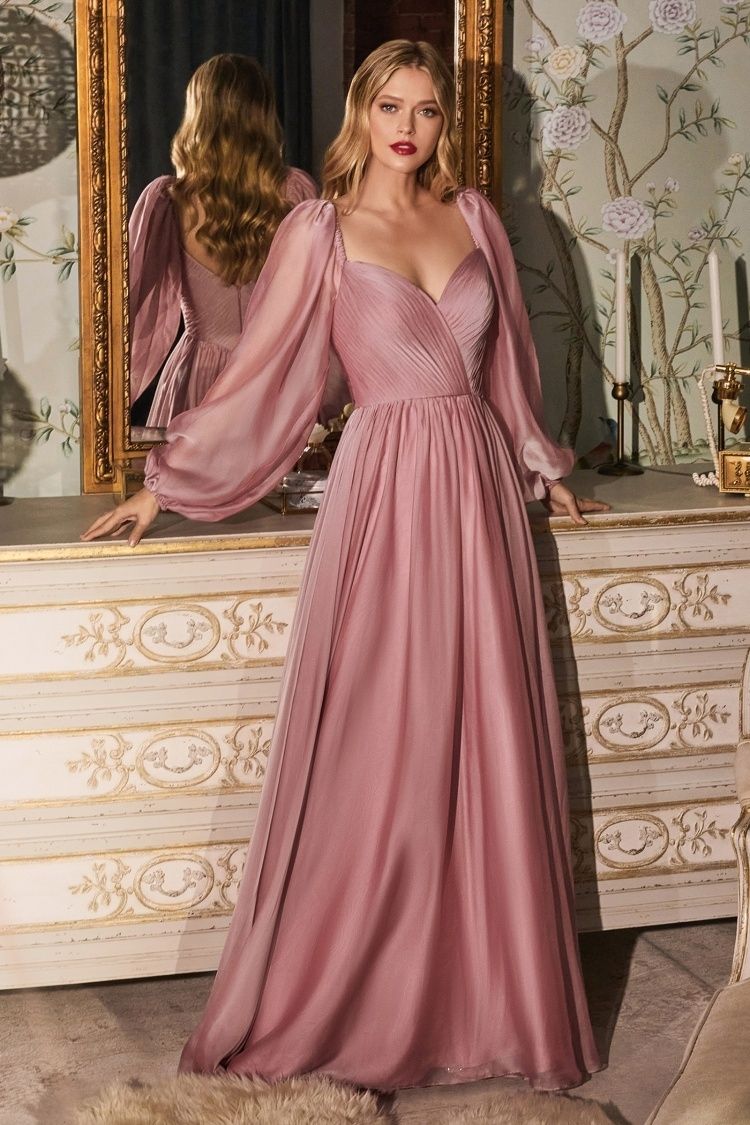a line evening dress with sleeves A-line Classy Long Sleeves Chiffon Evening Dress La Divine CD0171 Sparkly Gowns
