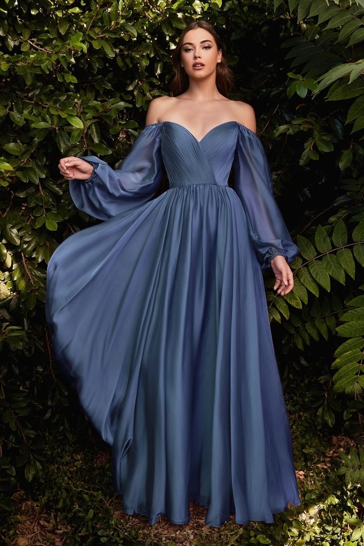 Off-Shoulder Chiffon A-Line Gown with Bishop Sleeves Romantic Formal smcfashion.com Off-Shoulder Chiffon A-Line Gown with Bishop Sleeves Romantic Formal smcfashion.com
