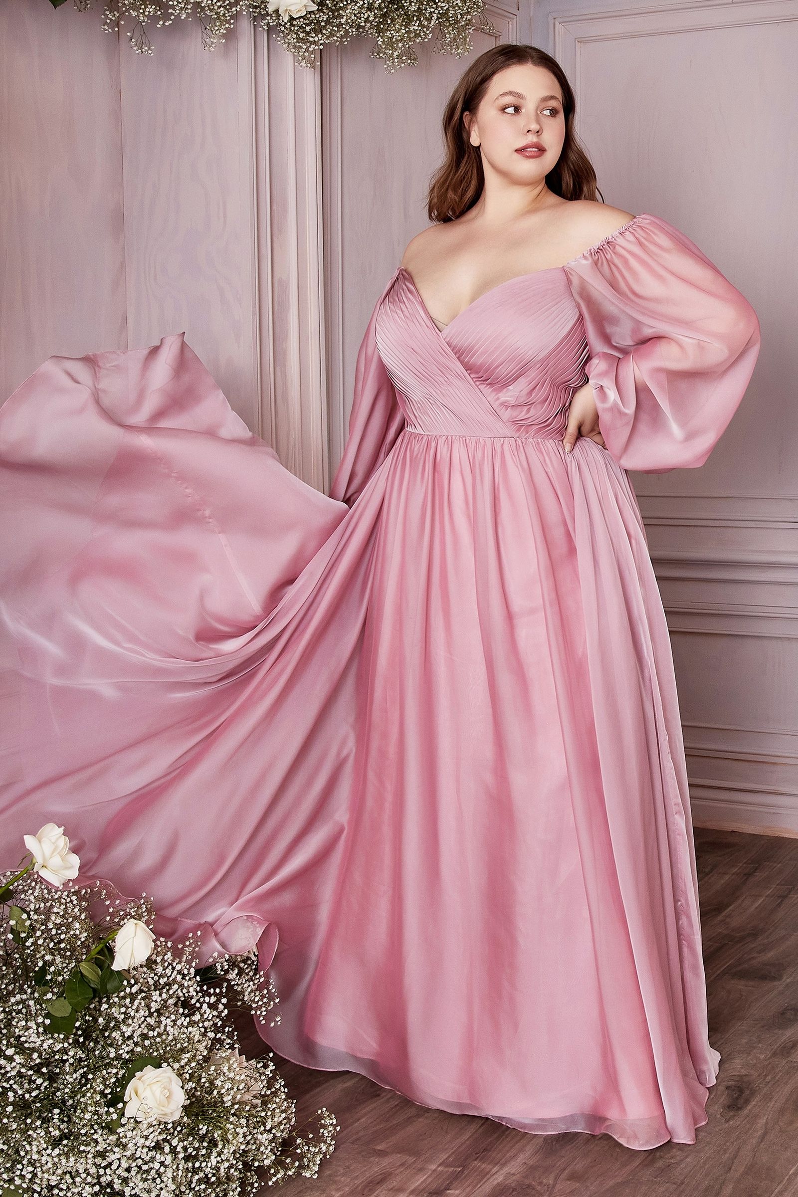 Plus Size Off-Shoulder Satin Gown with Bishop Sleeves –... –