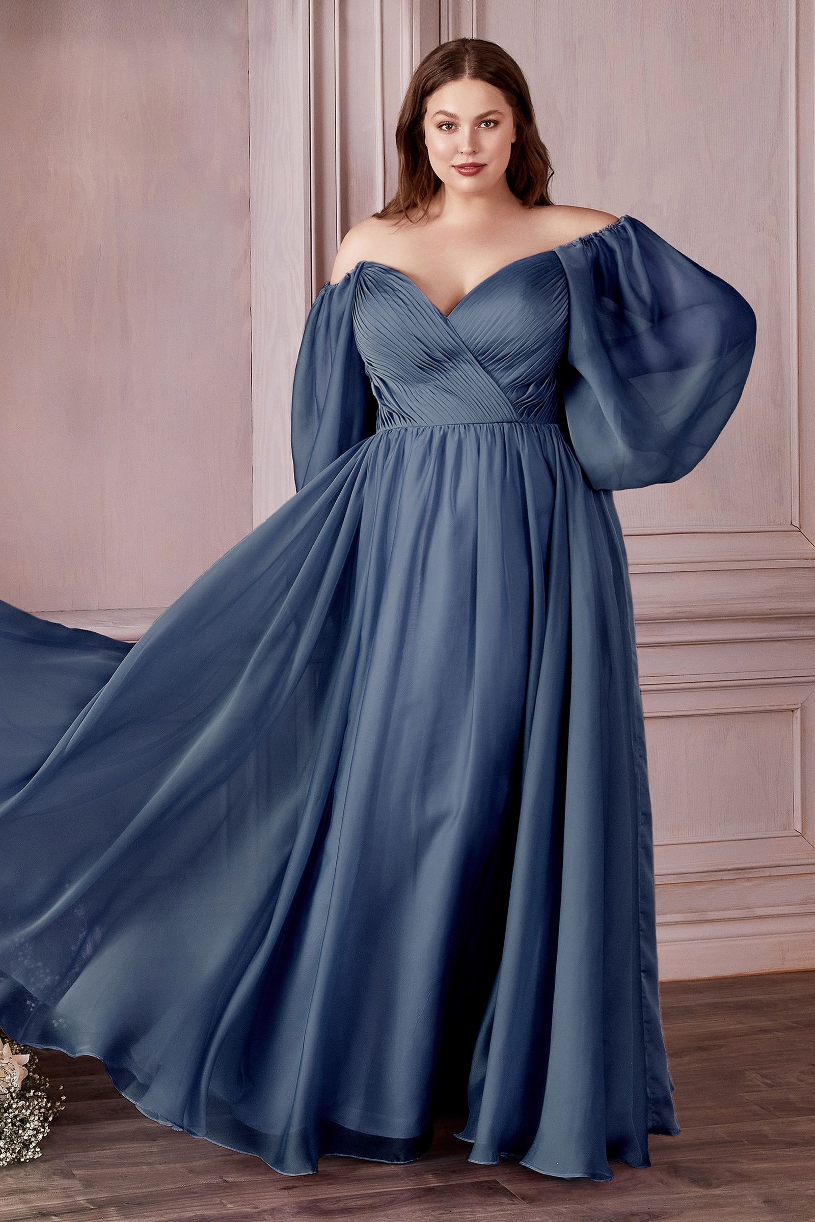 Plus Size Off-Shoulder Satin Gown with Bishop Sleeves –... –