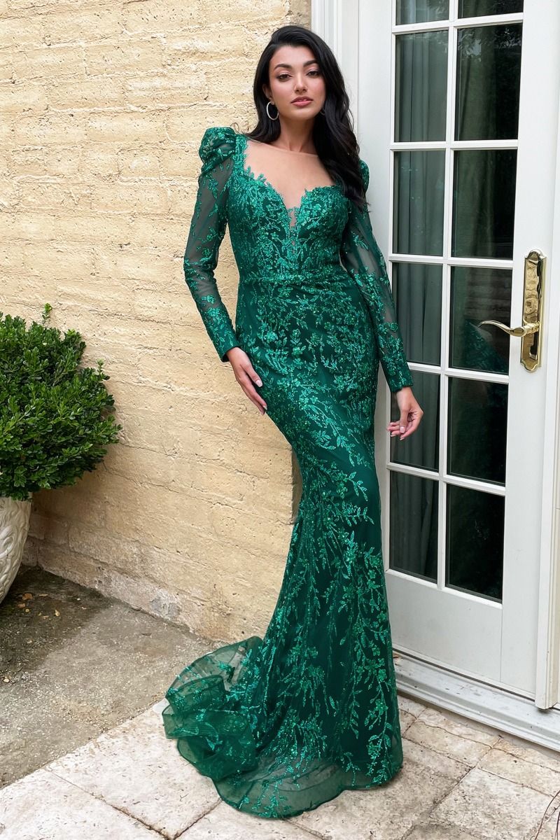 Emerald Green & Mauve Long Sleeve Embroidered Gown | Elegant Modest Fo smcfashion.com Emerald Green & Mauve Long Sleeve Embroidered Gown | Elegant Modest Fo smcfashion.com