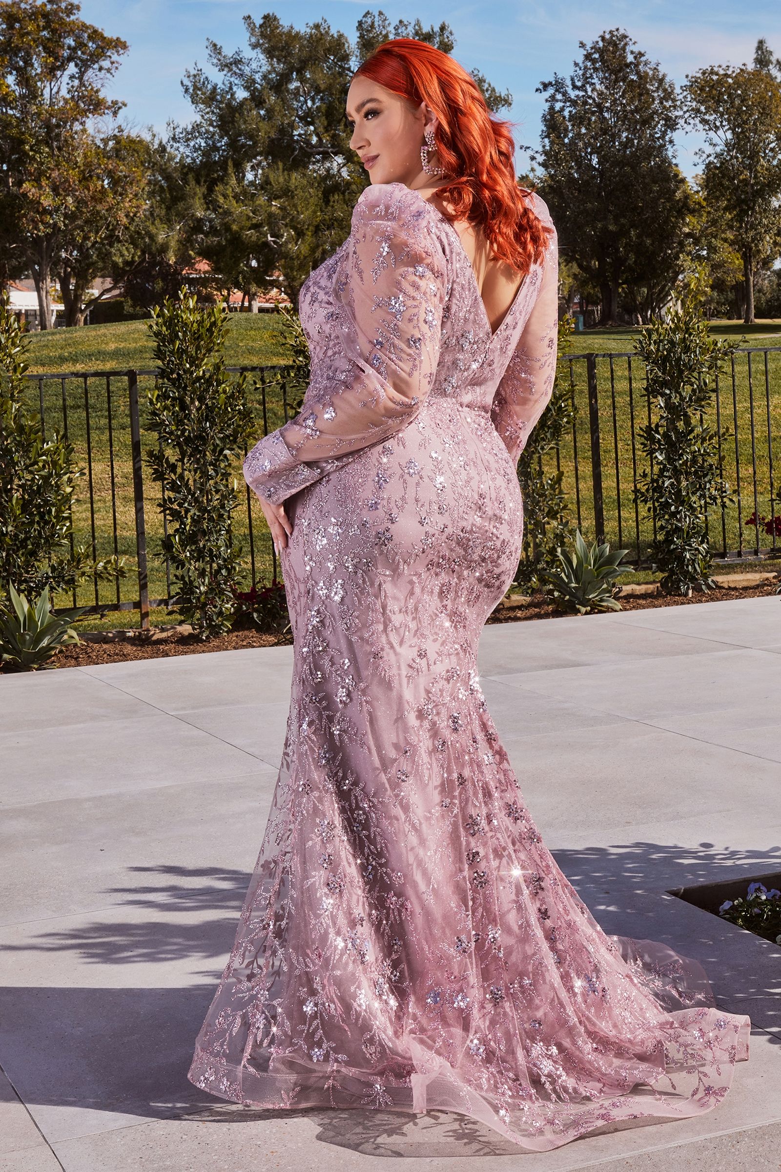 mauve long sleeve dress Ladivine CD989 neckline with sheer Mauve Embellished Long Sleeve Maxi