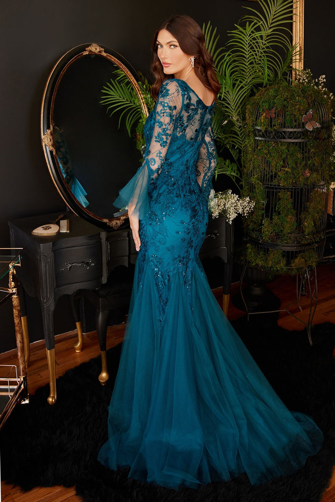 Mermaid Modest Elegant Deep Blue Navy Mother of Bride & Prom Gown Bell sleeve Sheer Back Bodice Sensual Flattering Special Dress CDCM327 Sale