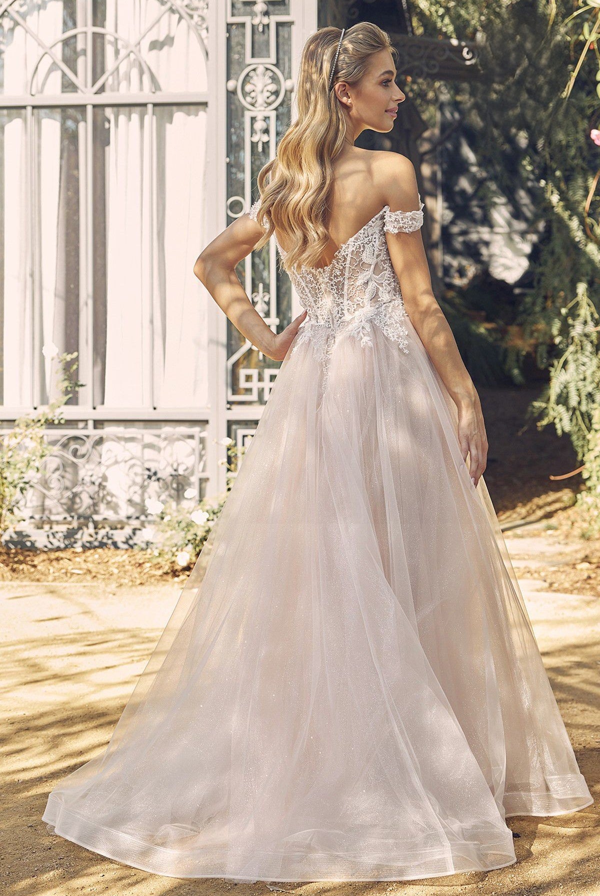 Glitter Tulle Off-Shoulder Floral Applique Long Wedding Dress NXC1107W-Wedding Dress-smcfashion.com