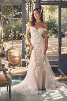Floral Embroidered Off-Shoulder Chapel Train Long Wedding Dress NXJE974-Wedding Dress-smcfashion.com